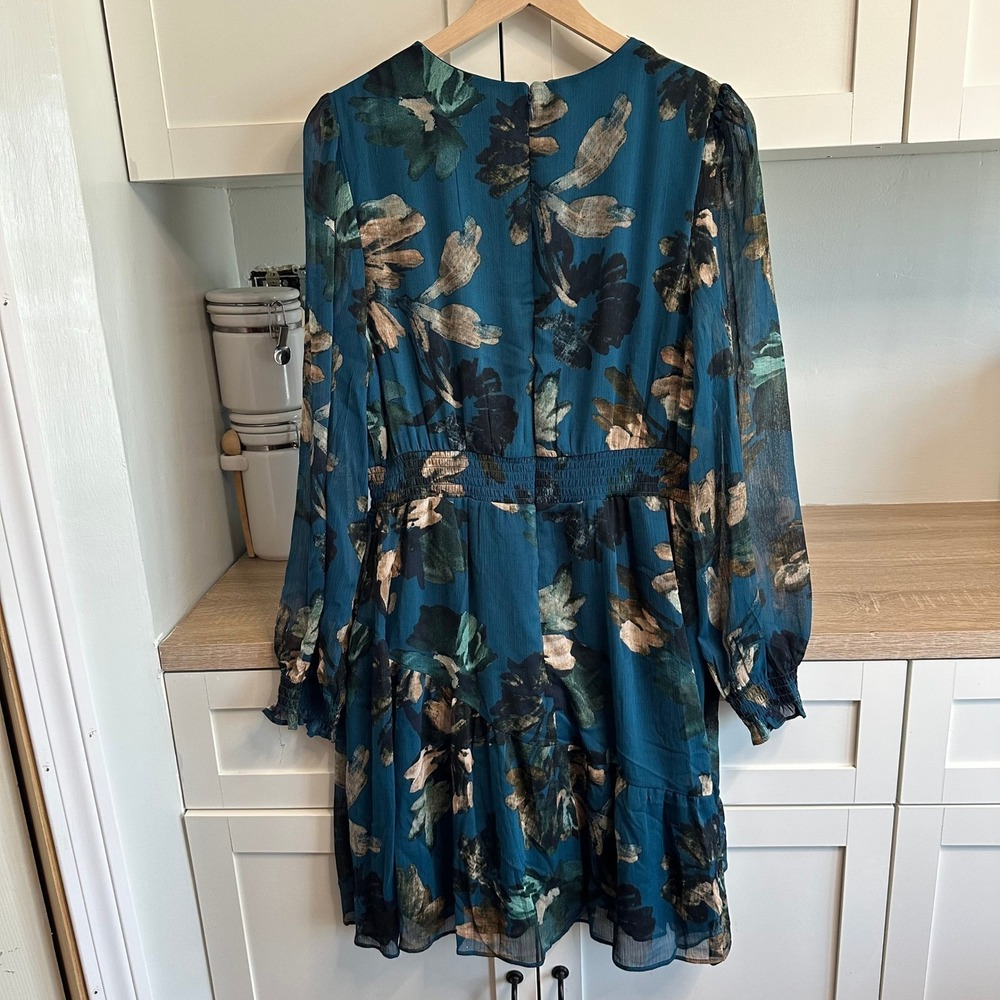 Harper Rose Floral Mini Dress Womens 12 Teal Long Sleeve Smocked Tiered Chiffon - Picture 3 of 9